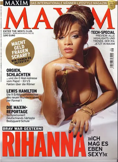 Maxim Germany, September 2007 - A younger Rihanna poses in a gold bikini in a bubbly-filled bathtub on&nbsp;Maxim&nbsp;Germany's September 2007 issue.  (Photo: Maxim Magazine)