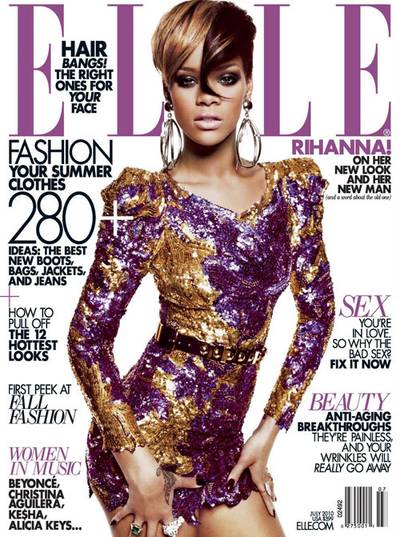 Elle, June 2010 - Rihanna shimmers on the cover of the June 2010 issue of Elle, capturing exactly everything she?s known for: her curves, embellished outfits and daring hairstyles.  (Photo: Elle Magazine)