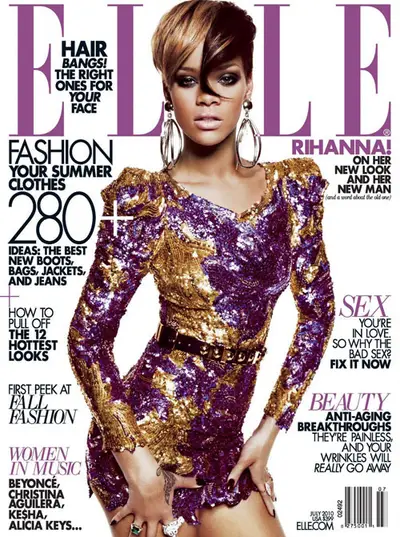 Elle, June 2010 - Rihanna shimmers on the cover of the June 2010 issue of Elle, capturing exactly everything she’s known for: her curves, embellished outfits and daring hairstyles.  (Photo: Elle Magazine)