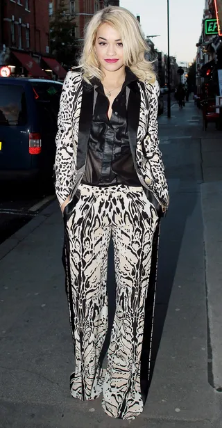 Rita Ora - RocNation sweetheart and fashion it girl Rita Ora wears a printed Roberto Cavalli number while out and about in London.&nbsp;  By: Metanoya Z. Webb  (Photo: Optic Photos, PacificCoastNews.com)