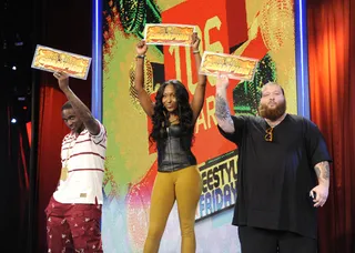 He Won Again - Freestyle Friday judges, No Malice, DJ Dimepiece and Action Bronson decide in favor of Charron at 106 &amp; Park, September 7, 2012. (Photo: John Ricard / BET).