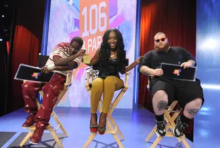 Lets See - Freestyle Friday judges, No Malice, DJ Dimepiece and Action Bronson at 106 &amp; Park, September 7, 2012. (Photo: John Ricard / BET).