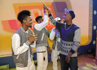High Five! - B.o.B sound check with Da Pretty Boyz, winners of the Coca-Cola MVP W.O.W. competition, at BET's 106 &amp; Park, Sept. 5. (Photo: John Ricard/BET)