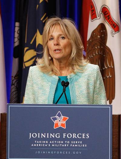 Stepping Up for Military Families - In Delaware, Dr. Biden worked with an organization called Delaware Boots on the Ground, which offered support to families during times of military deployment. Biden partnered with first lady Michelle Obama to form the Joining Forces initiative, a national program that encourages citizens, businesses and other organizations to support military families in their own communities.&nbsp;(Photo: Chip Somodevilla/Getty Images)