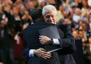 Hug It Out - President Obama and Bill Clinton hug it out, Gabrielle Giffords leads delegates in the Pledge of Allegiance, the convention's most fiery speeches, plus more. – Britt Middleton  While the relationship between President Obama and former President Bill Clinton may have seemed strained in the past, Clinton put all his support behind President Obama in his speech on Wednesday, which was punctuated with a surprise onstage visit from President Obama.&nbsp;(Photo: Justin Sullivan/Getty Images)