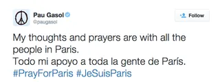 Pau Gasol @paugasol - Continue to pray for Paris.  (Photo: Pau Gasol via Twitter)