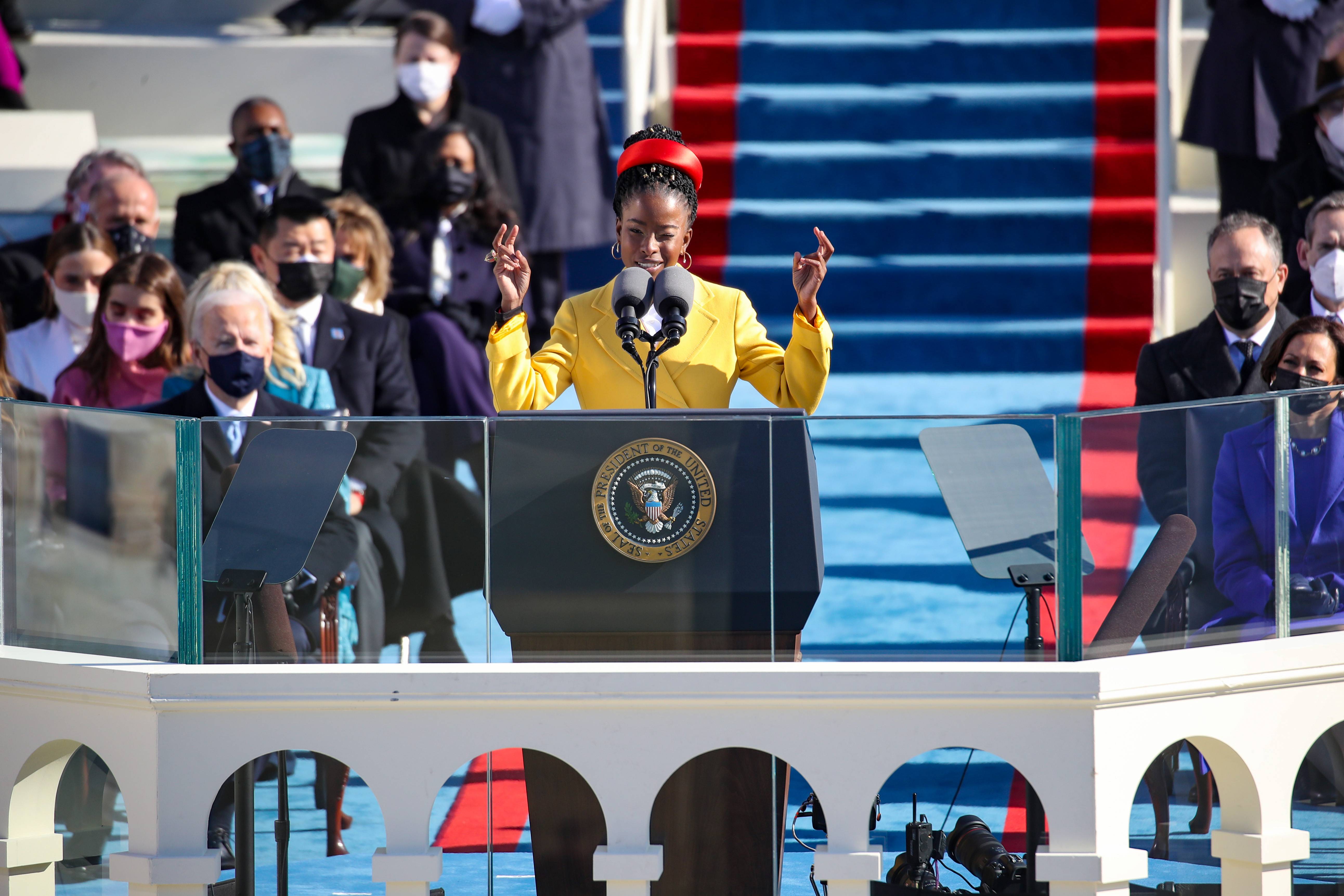 WASHINGTON, DC - JANUARY 20: Youth Poet Laureate Amanda Gorman speaks at the inauguration of U.S. President Joe Biden on the West Front of the U.S. Capitol on January 20, 2021 in Washington, DC.  During today's inauguration ceremony Joe Biden becomes the 46th president of the United States. (Photo by Rob Carr/Getty Images)