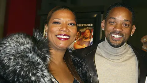 Actors Queen Latifah (L) and Will Smith pose at the premiere of MGM's "Barbershop 2: Back in Business" at the Chinese Theatre on January 20, 2004 in Los Angeles, California. (Photo by Kevin Winter/Getty Images)