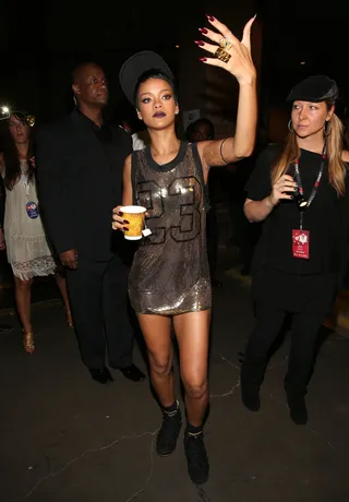 Rude Gyal - Singer Rihanna appears backstage wearing a sequin basketball jersey-style dress by Jeremy Scott during the 2012 iHeartRadio Music Festival at the MGM Grand Garden Arena in Las Vegas.(Photo: Christopher Polk/Getty Images for Clear Channel)