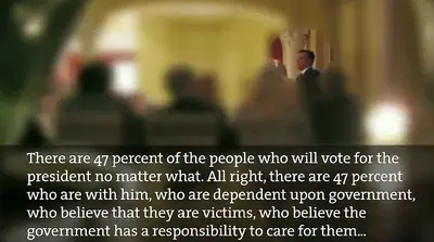 Romney Disparages 47 Percent of Americans - In the final leg of the presidential campaign, a video was released of Romney at a May 2012 fundraising dinner condemning 47 percent of the American population as overly dependent on government services.&nbsp;  (Photo: Courtesy of Mother Jones)