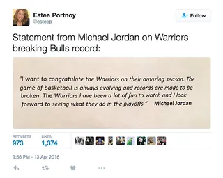Michael Jordan's Statement - Respect from the greatest basketball player of all time after having his team's record broken.(Photo: Estee Portnoy via Twitter)