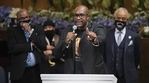 Philonise Floyd, George Floyd's brother speaks at the Prayer Vigil and Rally at the Greater Friendship Missionary Church on March 28, 2021, the night before the beginning of the Derek Chauvin Trial in Minneapolis, Minnesota. Photo: Chris Tuite/ImageSPACE/Sipa USA(Sipa via AP Images)
