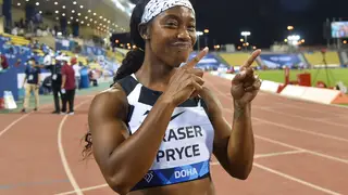 Shelly-Ann Fraser-Pryce of Jamaica celebrates after the women's 100m final at the 2021 Diamond League Athletics Meeting in Doha, Qatar, May 28, 2021. (Photo by Nikku/Xinhua via Getty Images)