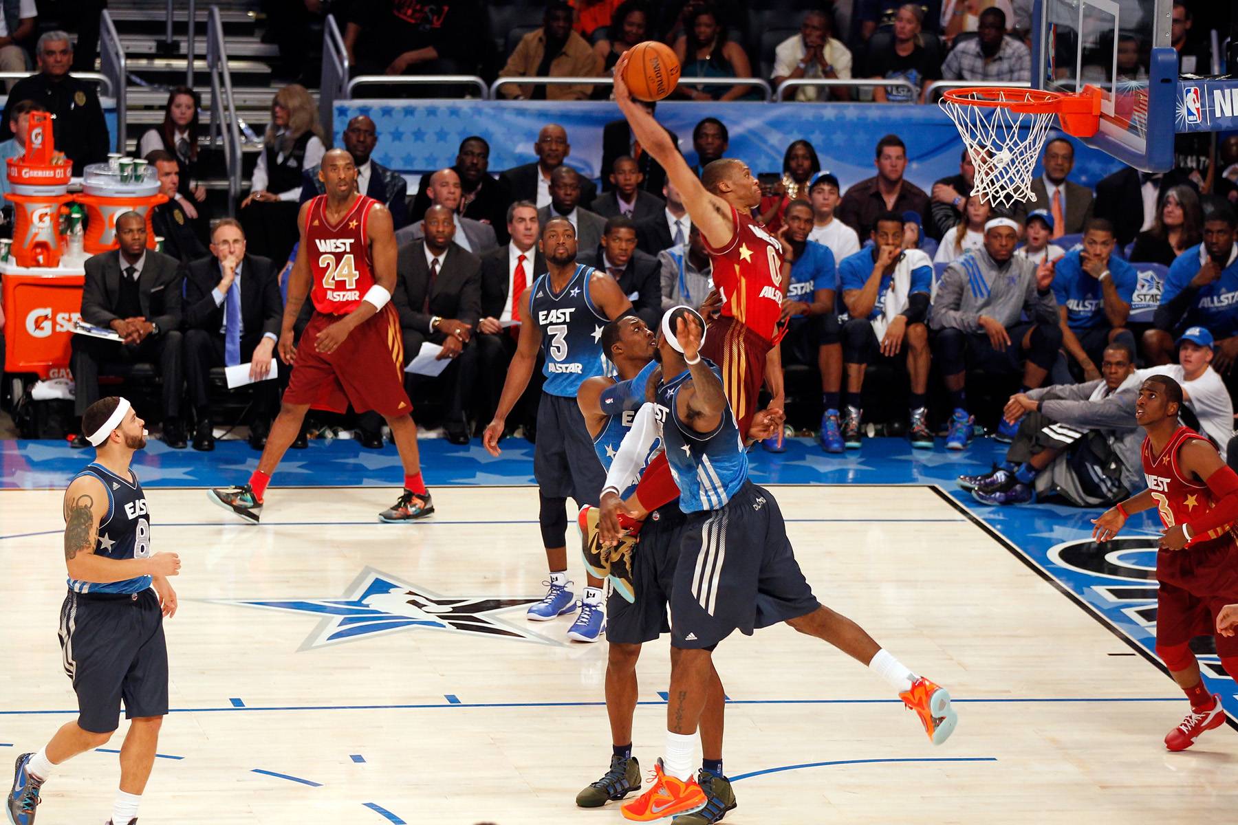 Major Air - Russell Westbrook (0) of the Oklahoma City Thunder attempts a dunk.&nbsp;(Photo: Mike Ehrmann/Getty Images)
