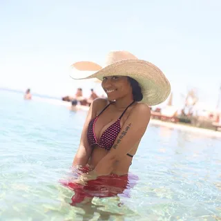 Beach Chic - The star looks adorable in her polka-dot bikini and sunhat while beaching it in Mexico recently.  (Photo: Nicki Minaj via Instagram)