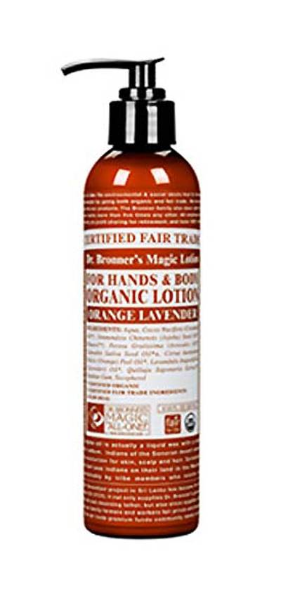 Dr. Bronner's Fair Trade and Organic Orange Lavender Body Lotion - Dr. Bronner’s luxe mix of organic coconut oil, organic jojoba oil and organic avocado oil absorbs fully into skin to provide intense nourishment, while the orange-lavender scent tantalizes the senses. Even better, its vegan formula is made without genetically modified ingredients/organisms (GMOs).  (Photo: Dr. Bronner's)