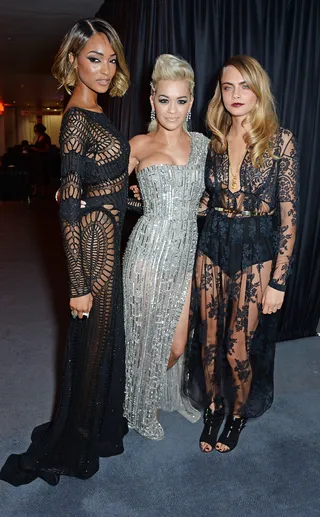 The Beautiful Ones - Rita Ora&nbsp;and models&nbsp;Jourdan Dunn&nbsp;and Cara Delevingne strike a pose in beautiful beads and lace at the GQ Men of the Year awards in association with Hugo Boss at The Royal Opera House in London. (Photo: David M. Benett/Getty Images)