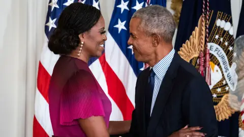 Former President Barack Obama and former First Lady Michelle Obama attend their official White House portrait unveiling ceremony in the East Room of the White House on Wednesday, September 7, 2022. 