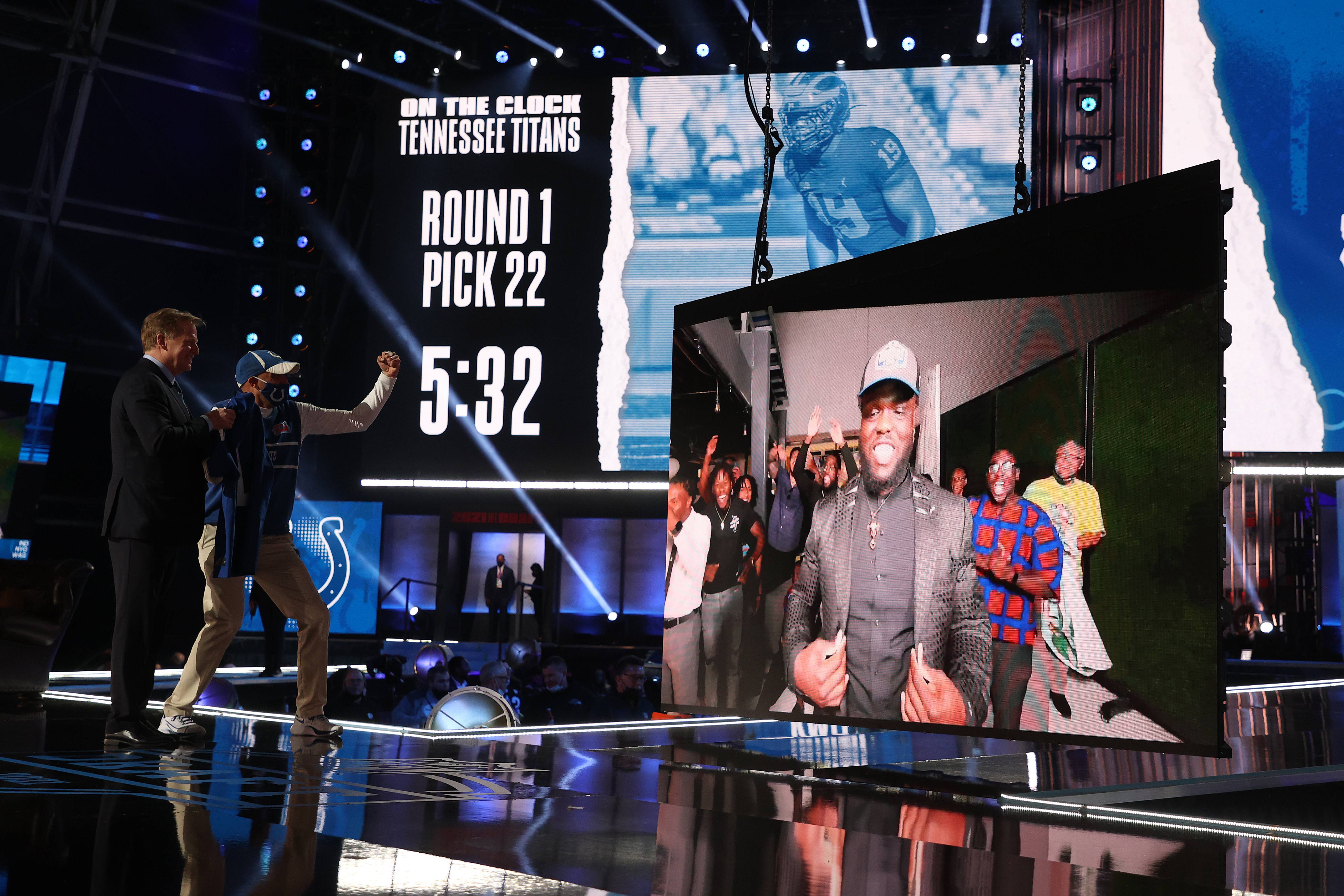 CLEVELAND, OHIO - APRIL 29: NFL Commissioner Roger Goodell announces Kwity Paye as the 21st selection by the Indianapolis Colts during round one of the 2021 NFL Draft at the Great Lakes Science Center on April 29, 2021 in Cleveland, Ohio. (Photo by Gregory Shamus/Getty Images)