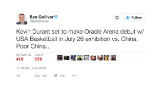 New Beginnings - One NBA insider revealed that the first time Durant will suit up in blue and gold will be against the Chinese national team.(Photo: Ben Golliver via Twitter)&nbsp;