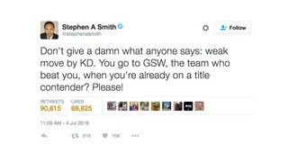 Weak Move - Outspoken NBA analyst Stephen A. Smith&nbsp;called Durant out for what he deemed a very poor decision.(Photo: Stephen A Smith via Twitter)&nbsp;