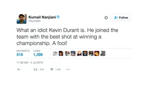 Calling Out the Haters - The Silicon Valley&nbsp;star ridiculed those who have a problem with Durant's desire to win.&nbsp;(Photo: Kumail Nanjiani via Twitter)&nbsp;