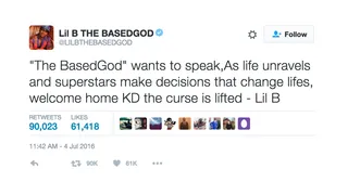 The Curse Has Been Lifted - Lil B lifted his infamous curse on KD once and for all.(Photo: Lil B via Twitter)&nbsp;