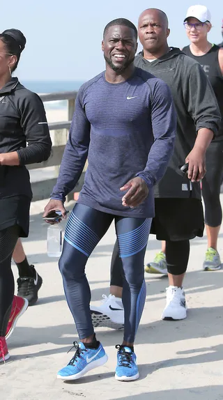 Getting Active - Kevin Hart surprised participants of the Nike Run club as he joins them on their 10k run along the West Coast beaches in Los Angeles. (Photo: PacificCoastNews)