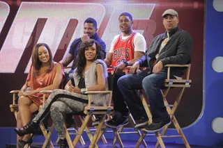 Focused - Cast of The Game: Tia Mowry Hardict, Pooch Hall, Hosea Chanchez, Wendy Raquel Robinson and Coby Bell at 106 &amp; Park, January 09, 2012. (Photo: John Ricard / BET)