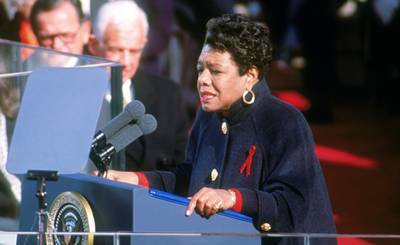 “On the Pulse of Morning” - “History, despite its wrenching pain, Cannot be unlived, and if faced With courage, need not be lived again.”Excerpt from “On the Pulse of Morning”Angelou recited &quot;On the Pulse of Morning&quot; as the Inaugural Poet at the 1993 presidential inauguration for President Bill Clinton. She won the first Grammy Award for an inaugural poem the following year.(Photo: Consolidated News Pictures/Hulton Archive/Getty Images)