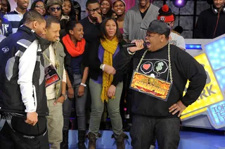 Last Laugh - Freestyle Friday champion Relly has the last laugh against Baker at 106 &amp; Park, January 06, 2012.(Photo: John Ricard/BET)