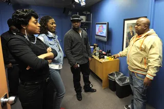 Take Care - Producer Pat Charles reviews Freestyle Friday judging guidelines with Mz. Stylez, DJ S. Whit and Mook in the green room at 106 &amp; Park, January 06, 2012.(Photo: John Ricard/BET)