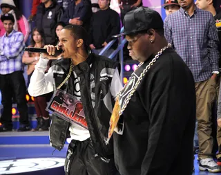 We're Focused - Baker kicks off round two of the Freestyle Friday battle against Relly at 106 &amp; Park, January 06, 2012.(Photo: John Ricard/BET)