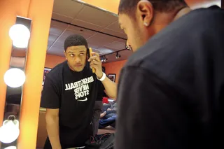 Getting Ready - Pooch Hall in the green room at 106 &amp; Park, January 09, 2012. (Photo: John Ricard / BET)