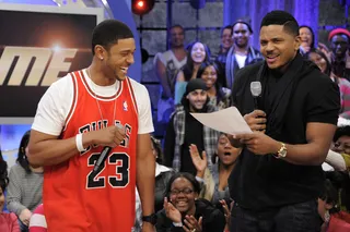 He's Crazy - Pooch Hall and Hosea Chanchez recreate a scene from The Game at 106 &amp; Park, January 09, 2012. (Photo: John Ricard / BET)