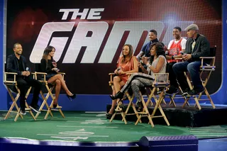 So Excited  - Terrence J and Rocsi Diaz with the cast of The Game: (front row) Tia Mowry and Wendy Raquel Robinson, (back row) Hosea Chanchez, Pooch Hall and Coby Bell at 106 &amp; Park, January 09, 2012. (Photo: John Ricard / BET)