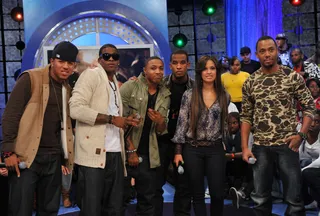 U.N.I.T.Y. - Hamilton Park poses on set with Terrence J and Rocsi at BET's 106 &amp; Park.(Photo by Fernando Leon/PictureGroup)