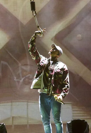 Dancing Machine - Chris Brown brings the house down during the One Hell of a Nite Tour at the PNC Arts Center in New Jersey.  (Photo: Janet Mayer / Splash News)