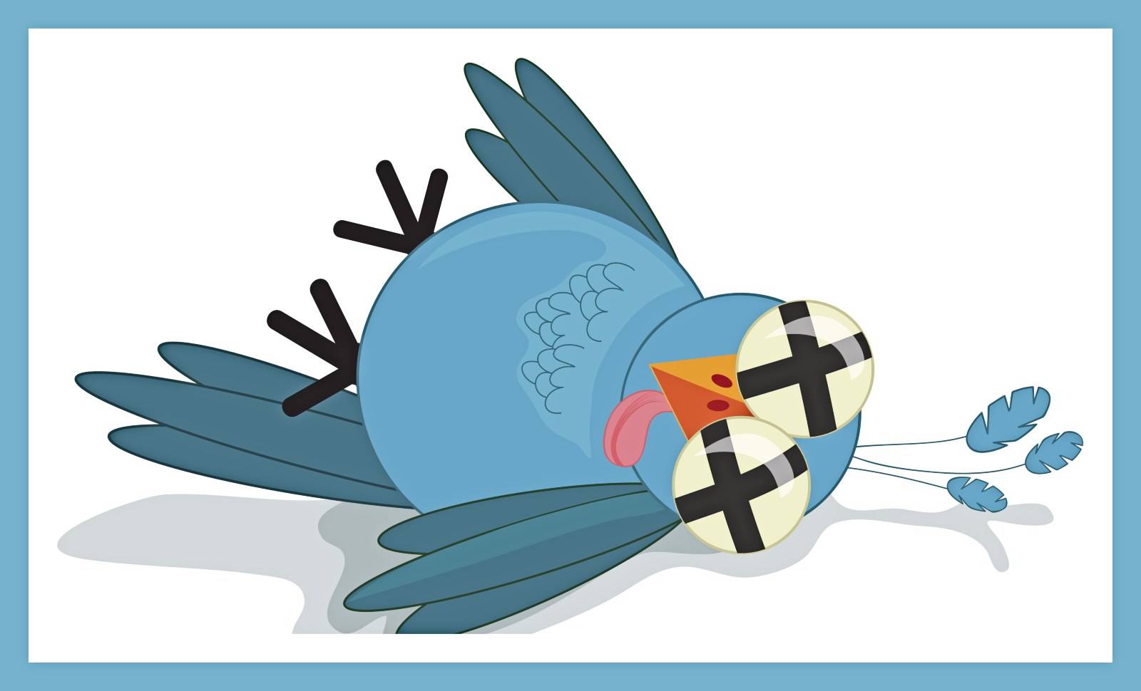 A cute, tongue-in-cheek, royalty free illustration of a dead or dazed Twitter bird.