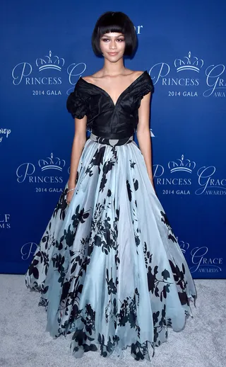 A Fairytale Affiar - Z is a modern-day Cinderella in her floral Vivienne Westwood ball gown, styled flawlessly with a sharp bob wig, smoky eye and minimal accessories. &nbsp;(Photo: Frazer Harrison/Getty Images)