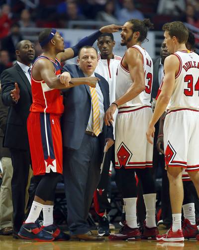 Pierce, Noah Fined and Four Wizards Suspended for Altercation - The NBA fined Paul Pierce and Joakim Noah $15,000 apiece Wednesday for their altercation in the first quarter of Monday night’s Washington Wizards-Chicago Bulls preseason game. The league has also suspended four Wizards players — Nene, Xavier Silas, DeJuan Blair and Daniel Orton — for one game each due to leaving the bench area during the altercation. They’ll serve the suspensions during the regular season. Noah initiated the incident and Pierce responded by pushing the Bulls center and poking him in the forehead with his finger. &nbsp;(Photo: AP Photo/Jeff Haynes)&nbsp;