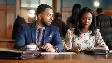 Actors Christian Keyes as Charlie Riggs and Mouna Traore as Vanessa Hastings on set of episode 107 of BET's In Contempt.