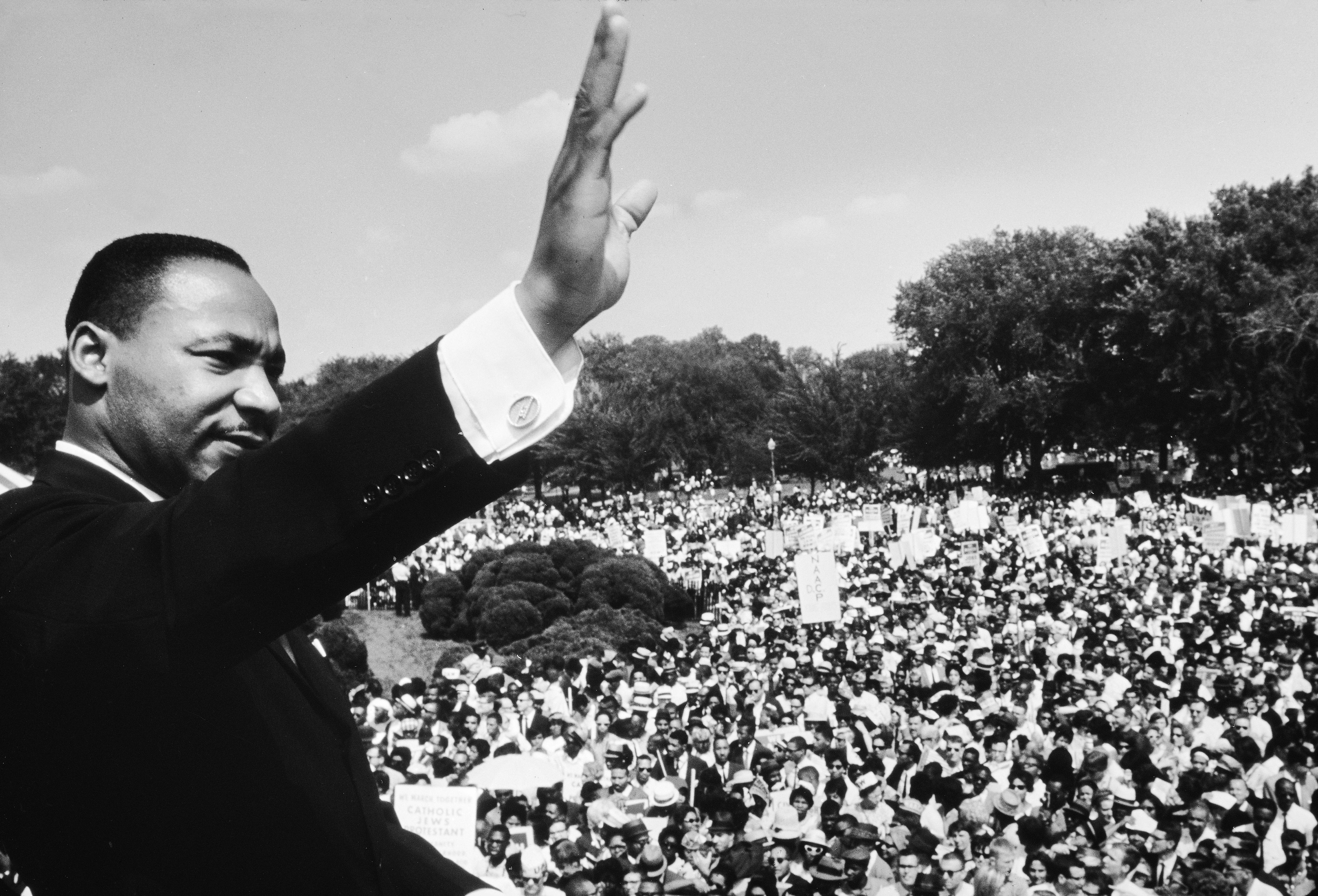 UNITED STATES - AUGUST 28:  Dr. Martin Luther King Jr. addressing crowd of demonstrators outside the Lincoln Memorial during the March on Washington for Jobs and Freedom.  (Photo by Francis Miller/The LIFE Picture Collection via Getty Images)
