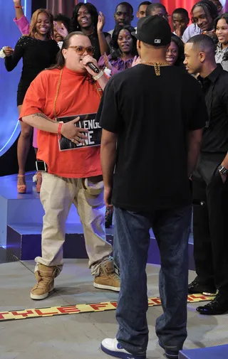 Fatz Breaks It Down - Freestyle Friday contestants Interstate Fatz and Jayo the Beatslayer at 106 &amp; Park, May 25, 2012. (Photo: John Ricard / BET)