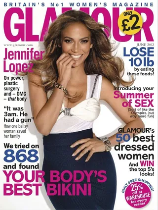 Jennifer Lopez on Glamour UK - Jennifer Lopez is on top of her game covering the latest UK issue of Glamour magazine's June 2012 edition. The 42-year-old star opens up about her relationship with dancer boyfriend Casper Smart and possible cosmetic surgery.  (Photo: Glamour Magazine)