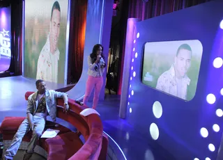 The big screen - Terrence J and Rocsi Diaz check out the Nicki Minaj's "Right By My Side" video featuring Chris Brown at 106 &amp; Park, May 16, 2012. (Photo: John Ricard / BET)