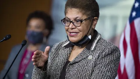 UNITED STATES - SEPTEMBER 23: Rep. Karen Bass, D-Calif., chair of the Congressional Black Caucus, and Rep. Barbara Lee, D-Calif., left, conduct a news conference on the Jobs and Justice Act of 2020, which aims to increase the upward social mobility of Black families, and help ensure equal protection under the law, in the Capitol Visitor Center on Wednesday, September 23, 2020. (Photo By Tom Williams/CQ-Roll Call, Inc via Getty Images)