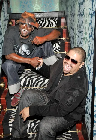 Heavy D - Heavy D's Jamaican roots was evident in his music. Here he shares a laugh with reggae artist Shine Head&nbsp; (Photo: Dr. Billy Ingram/WireImage)