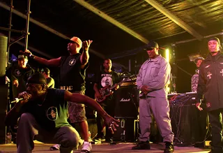 Public Enemy - Public Enemy&nbsp;rocking out hard during their live performance. (Photo: Candice Lawler / BET)