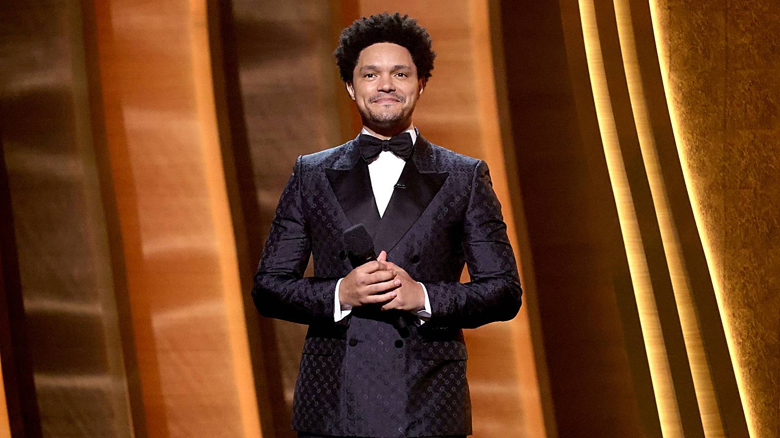 Host Trevor Noah speaks onstage during the 64th Annual GRAMMY Awards at MGM Grand Garden Arena on April 03, 2022 in Las Vegas, Nevada.  
